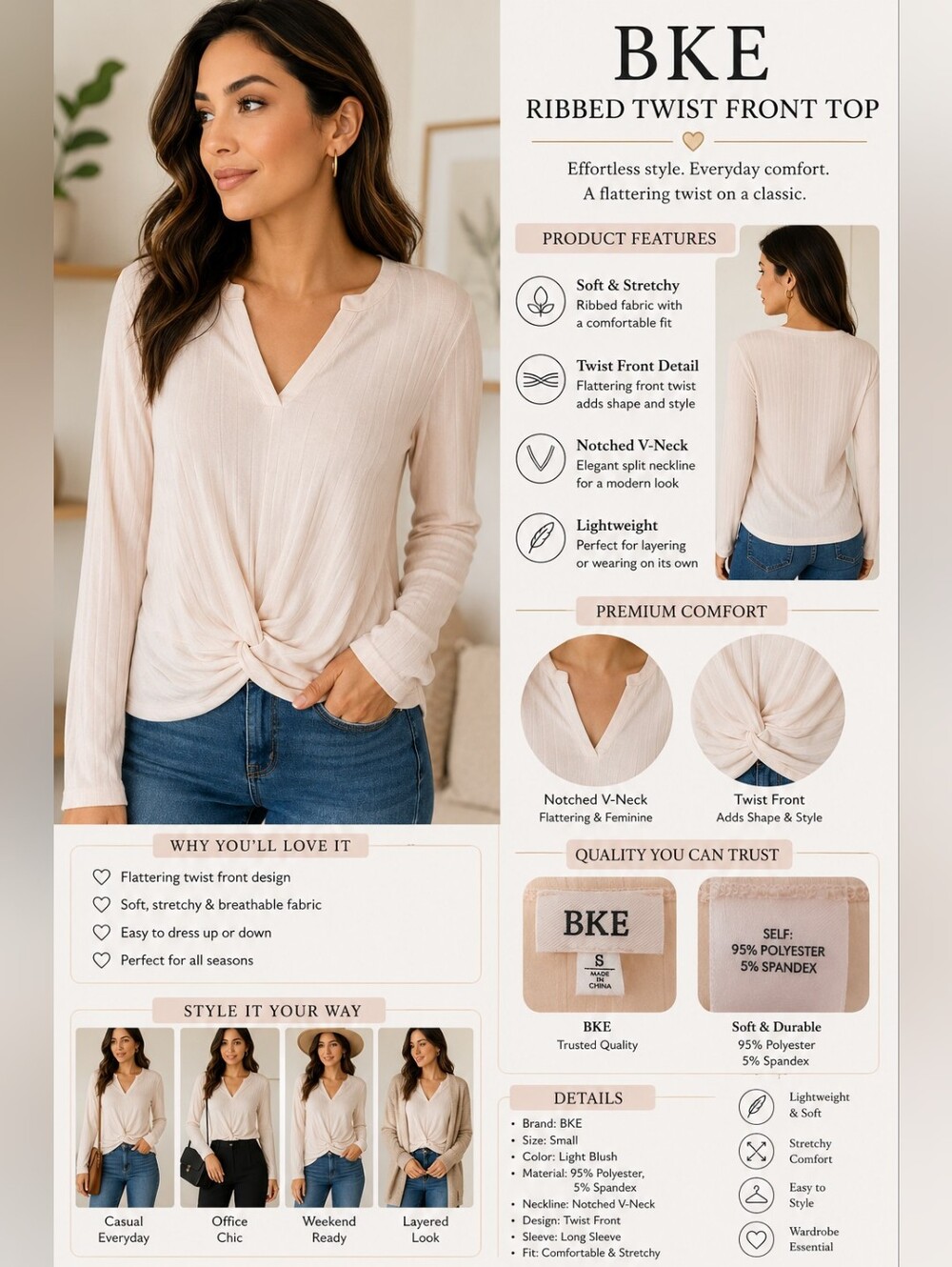 BKE Cream Ribbed Twist-Front Top